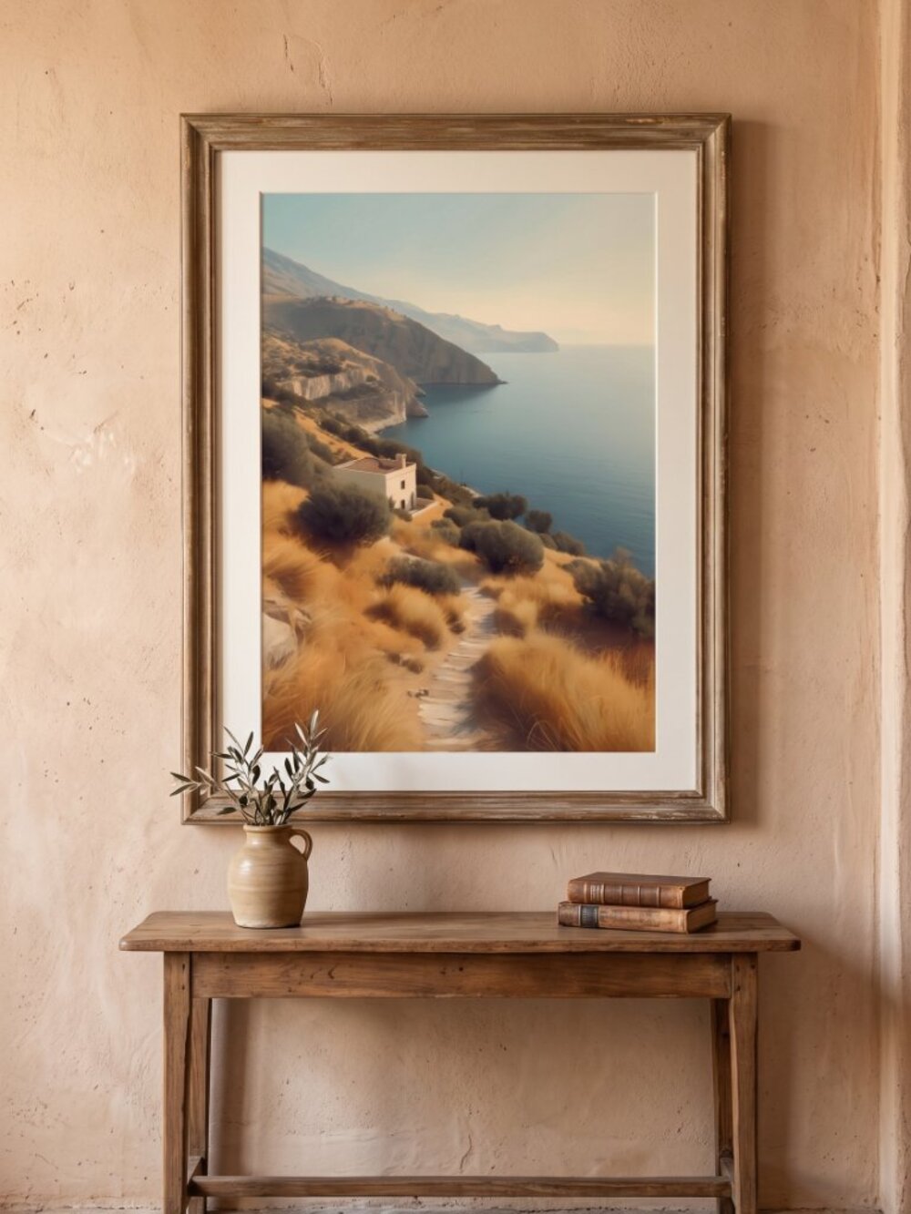 Mediterranean Coastal Cliffside Art Print | Golden Seaside Path | Boho Ocean Wal